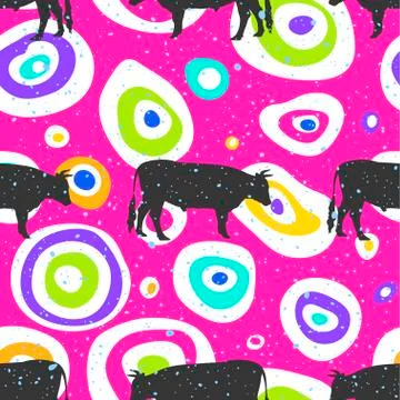 Pop art seamless pattern geometric modern with colorful acid and bull silhoue Stock Illustration