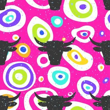 Pop art seamless pattern geometric modern with colorful acid and head bull Stock Illustration
