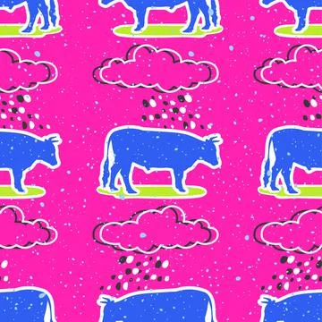 Pop art seamless pattern geometric modern with colorful acid and bull and clouds Stock Illustration