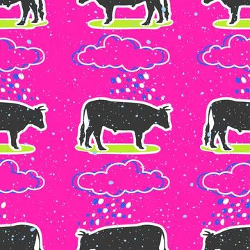 Pop art seamless pattern geometric modern with colorful acid and bull and clouds Stockillustratie