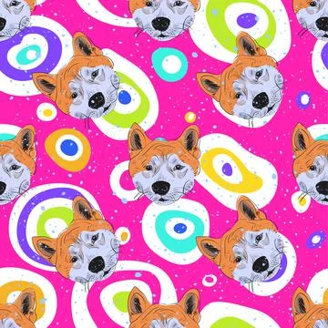 Pop art seamless pattern geometric modern with colorful acid and head dog Shiba Stock Illustration