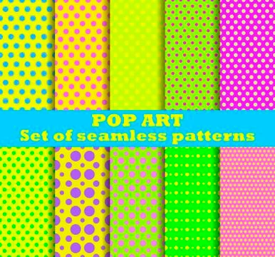 Pop Art seamless pattern set. Dotted pop art background in retro style. Vecto Illustrazione stock