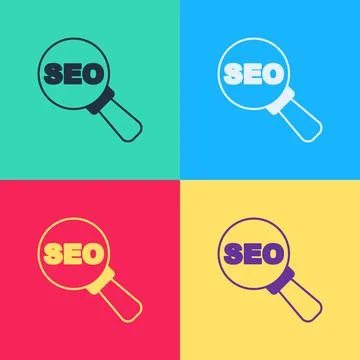 Pop art SEO optimization icon isolated on color background. Vector Stock Illustration