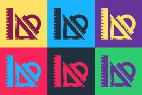 Pop art Set ruler, triangular ruler and protractor icon isolated on color Stock Illustration