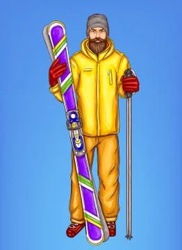 Pop art skier man vector sketch illustration of hipster adult boy bearded Stock-Illustration