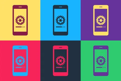 Pop art Smartphone update process with gearbox progress and loading bar icon イラスト素材