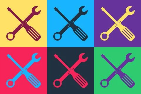 Pop art Spanner and screwdriver tools icon isolated on color background. Service Stock Illustration