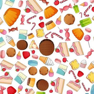 Pop Art Style Seamless Pattern of Colorful Sweets and Desserts Stock Illustration