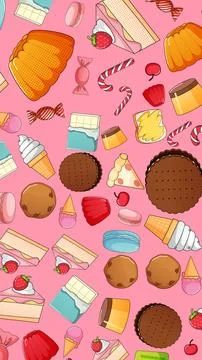 Pop Art Style Seamless Pattern of Various Colorful Sweets and Desserts Illustrazione stock