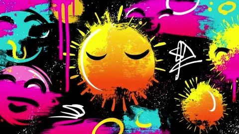 Pop Art Sun Background With Orange Face and Neon Graffiti Splashes Stock Footage 315539232