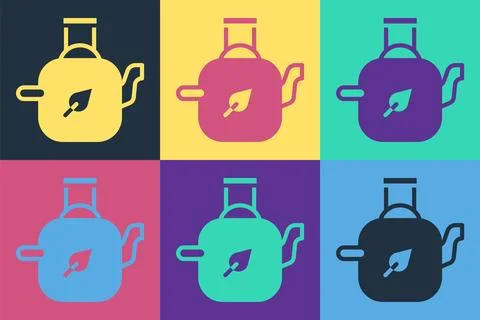 Pop art Teapot with leaf icon isolated on color background. Vector Stockillustratie