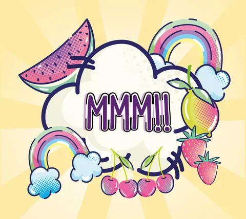 Pop art text fruit rainbow cloud comic halftone イラスト素材