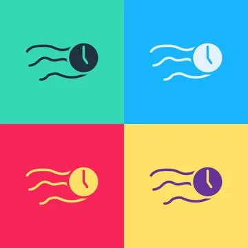 Pop art Time flies on the clock icon isolated on color background.  Vector Stock Illustration
