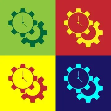 Pop art Time Management icon isolated on color background. Clock and gear sig Stock Illustration