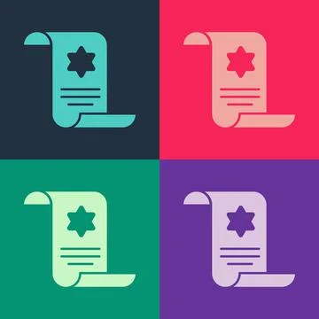 Pop art Torah scroll icon isolated on color background. Jewish Torah in expanded Illustrazione stock