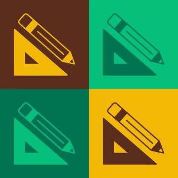 Pop art Triangular ruler and pencil icon isolated on color background Illustrazione stock