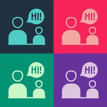Pop art Two sitting men talking icon isolated on color background. Speech bubble Stock Illustration
