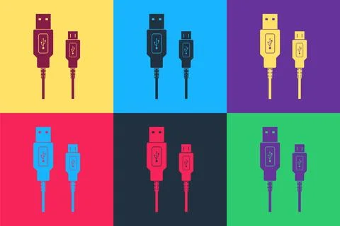 Pop art USB Micro cables icon isolated on color background. Connectors and 스톡 일러스트