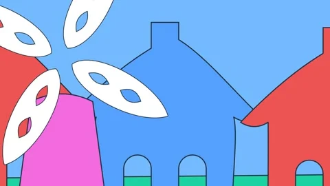 Pop Art Vector Animation Of Colorful Village Windmill And Clock Face Stock Footage 341409559