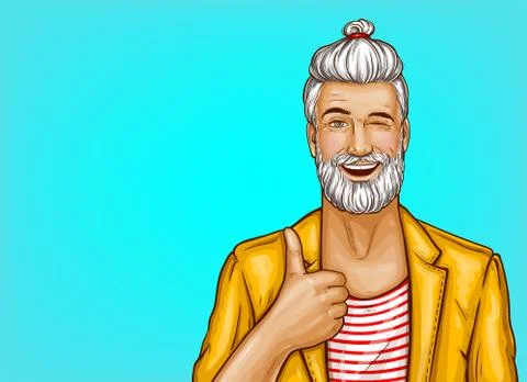 Pop art vector hipster winks and shows thumbs up Stockillustratie