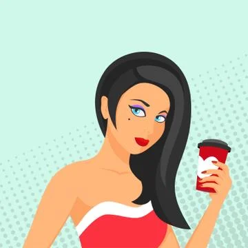 Pop art vector illustration of young woman with the tea or coffee cup Stock Illustration