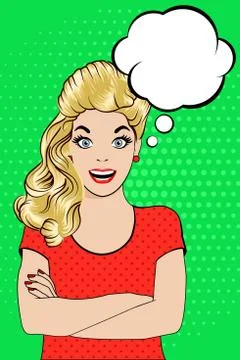 Pop Art Vector of young cheerful smiling woman. Stock Illustration