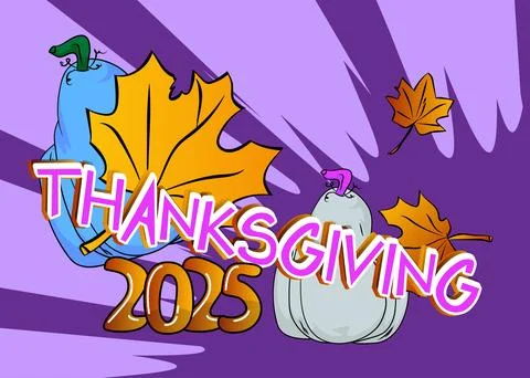 Pop art vibrant comic book style Thanksgiving 2025 text with pumpkin and Au.. Stockillustratie