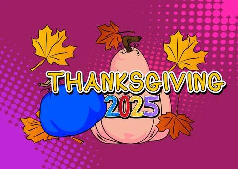 Pop art vibrant comic book style Thanksgiving 2025 text with pumpkin and Au.. Stockillustratie