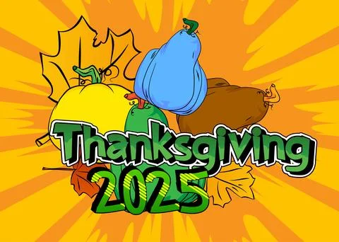 Pop art vibrant comic book style Thanksgiving 2025 text with pumpkin and Au.. Stockillustratie