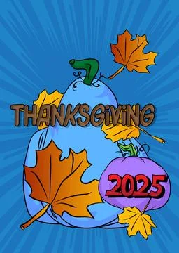 Pop art vibrant comic book style Thanksgiving 2025 text with pumpkin and Au.. Stockillustratie