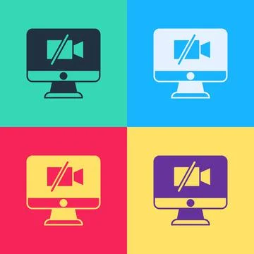 Pop art Video camera Off on computer icon isolated on color background. No video 스톡 일러스트