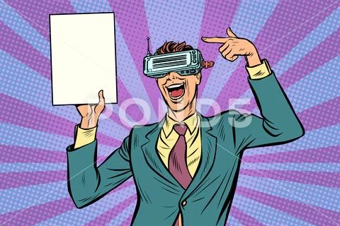 Pop art virtual reality VR glasses Businessman points at copy sp Stock Illustration