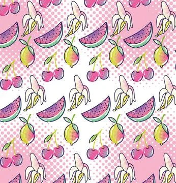 Pop art watermelon mango cherries fruits halftone style background Stock Illustration