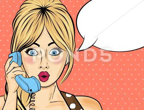 Pop Art Woman Chating On Retro Phone . Comic Woman With Speech Bubble