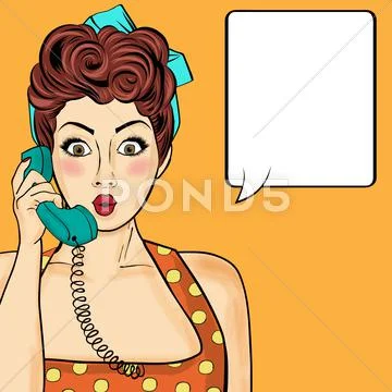 Pop Art Woman Chatting On Retro Phone . Comic Woman With Speech Bubble