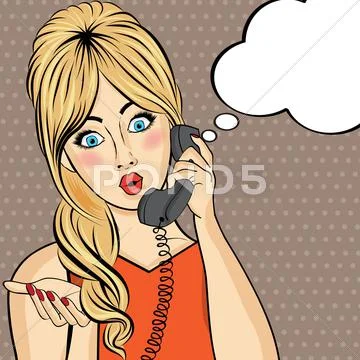 Pop Art Woman Chatting On Retro Phone . Comic Woman With Speech Bubble