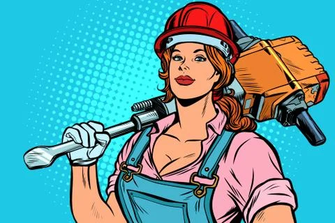 Pop art women road worker Builder with jackhammer Stock Illustration