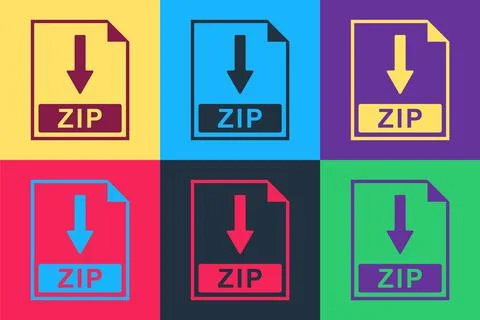 Pop art ZIP file document icon. Download ZIP button icon isolated on color 库存插图