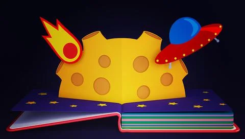 Pop up book with moon, comet and flying saucer Stock Illustration