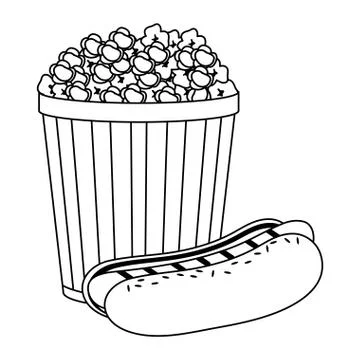 Pop corn cup and hot dog in black and white Illustrazione stock