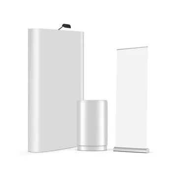 Pop Up Display Stand With Roll-up Banner and Table for Exhibitions Stock Illustration