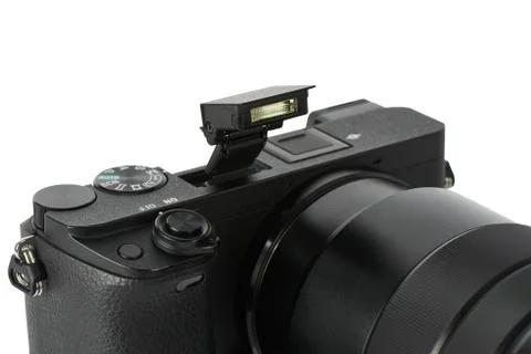 Pop-up flash on a mirrorless camera Foto stock