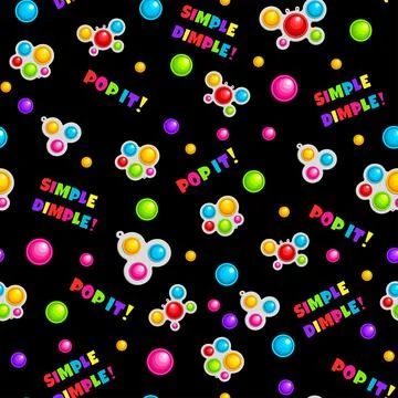 Pop it, Simple Dimple. Bright seamless pattern, on a black background. Stock Illustration
