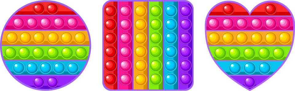 Pop it, Simple Dimple. Rainbow antistress toy heart, squares and circle. Stock Illustration