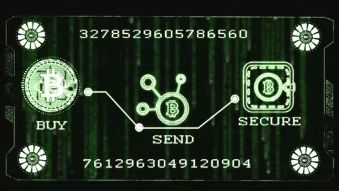 A Pop up of matrix-style HUD display with Bitcoin symbol centered Video stock 155301653