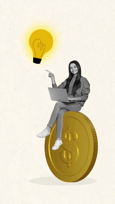 Pop motion collage video of happy freelancer businesswoman sit coin hold laptop Stock Footage 310671287