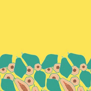 Pop papaya repeat seamless horizontal border. Yellow background. Stock Illustration