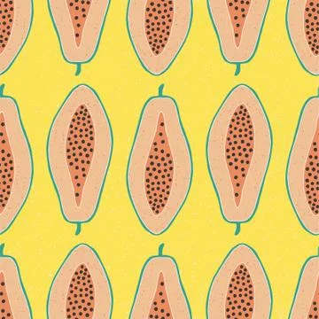 Pop papaya repeat seamless pattern. Yellow background. I Stock Illustration