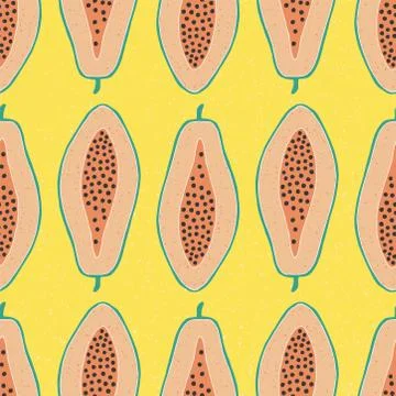 Pop papaya repeat seamless pattern. Yellow background. I Illustrazione stock