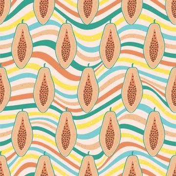 Pop papaya repeat seamless pattern. Colorfull wavy lines background. Illustrazione stock
